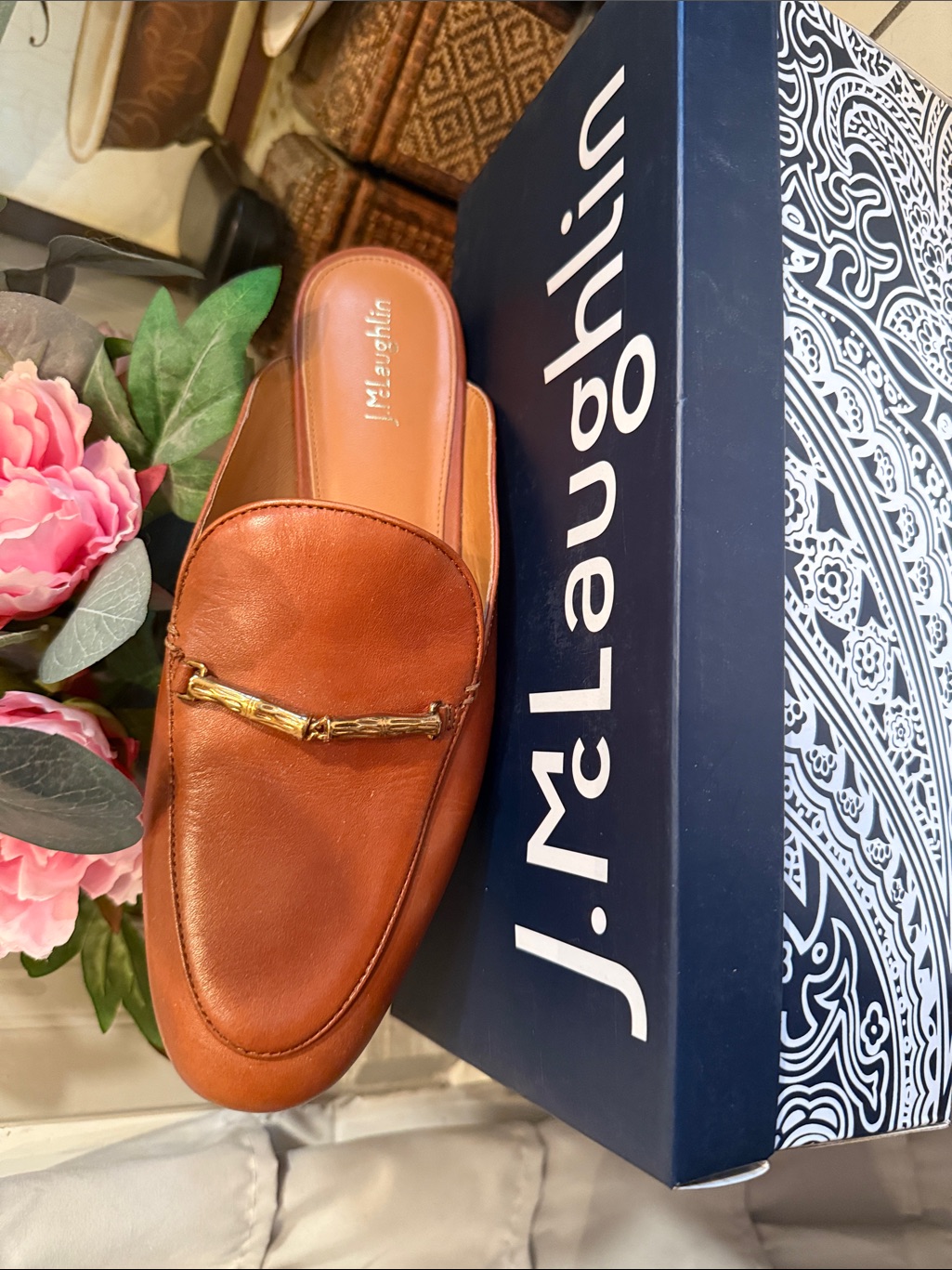 J. Mclaughlin Shoe Domina Slides Size 8.5 Dust Bag Original Box Cognac Color